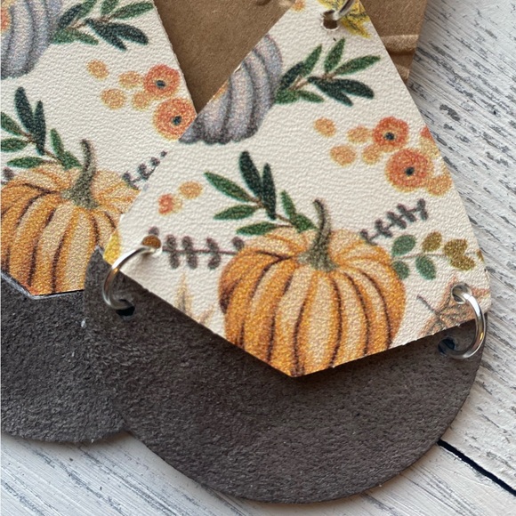 Fall Leather Earrings, Muted Orange, Mustard & Gray, Handmade - Picture 3 of 5